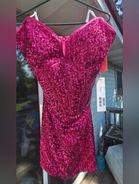 Jovani Rasberry Sequin Strapless Corset Mini Dress